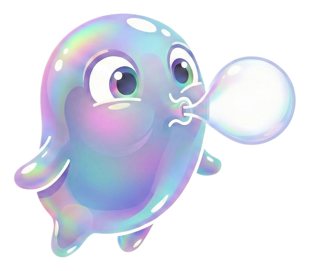 Bubbs, a friendly bubble mascot floating in lavender, aqua and pink